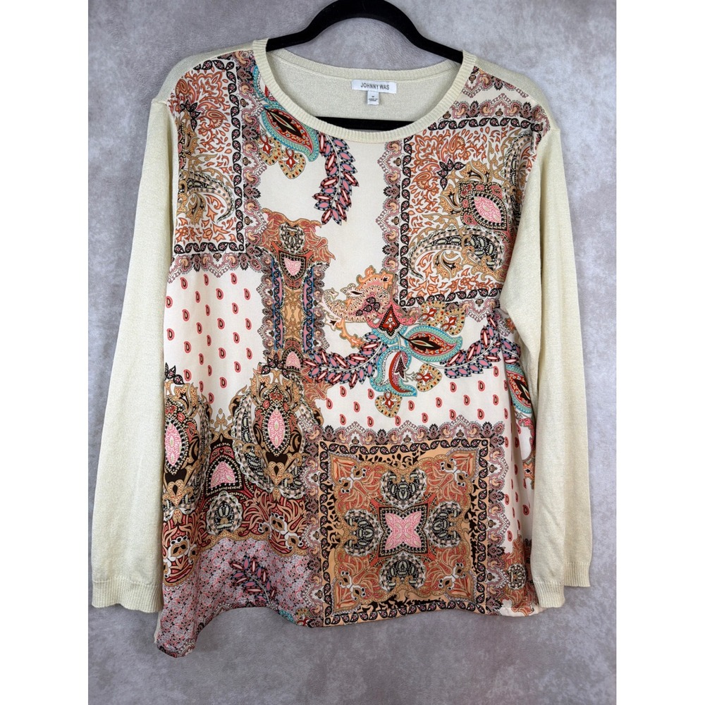 Johnny Was Elodie Scarf Front Pullover Womens Medium Cream Silk Cashmere M56320